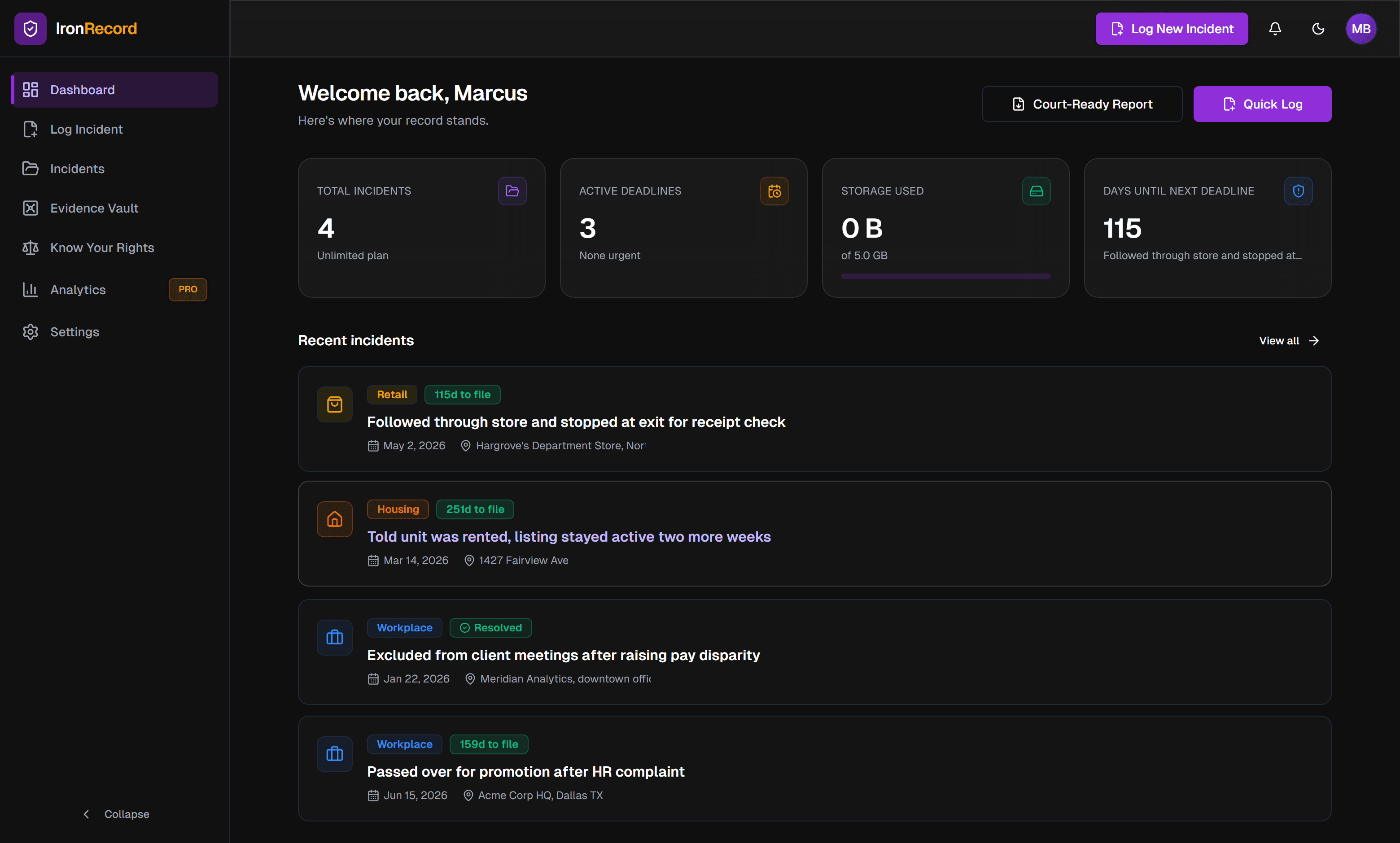 The IronRecord dashboard: incident stats, deadline countdowns, and recent incidents